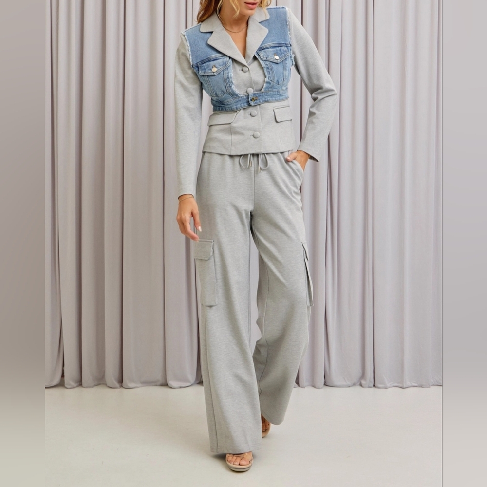 #494021 🛑S HIGH END Mixed Fabric Denim Jacket+Pants Set